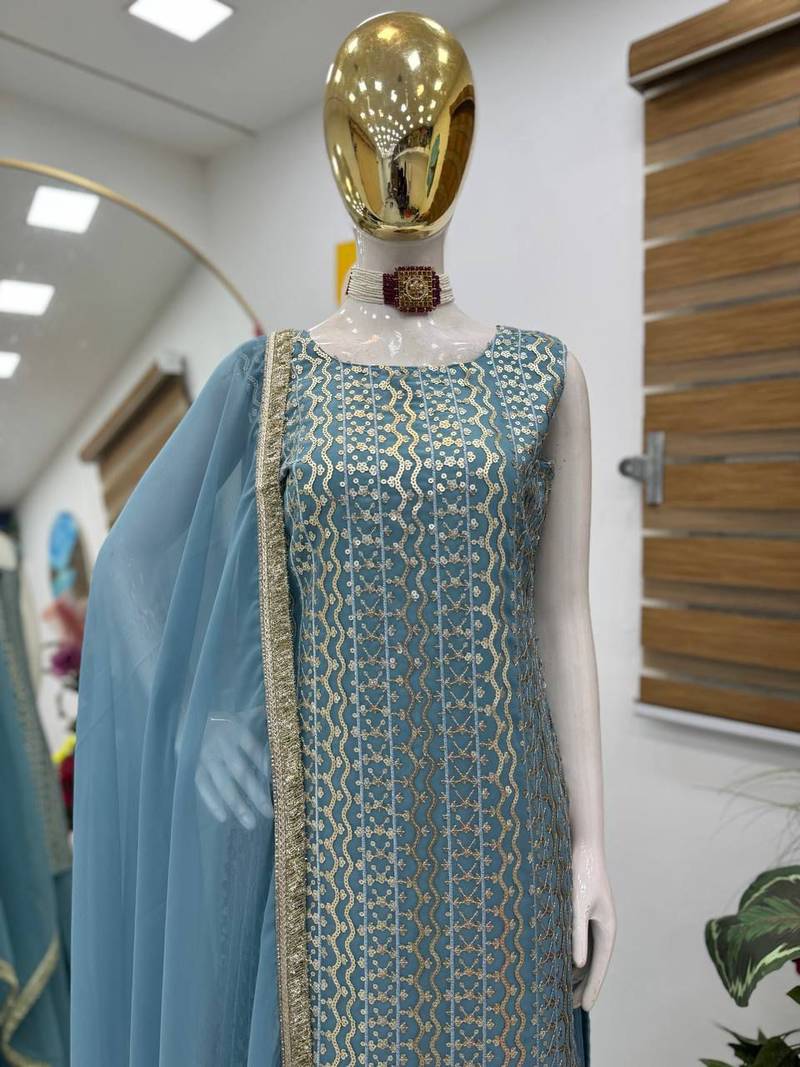 Blue fox georgette embroidered kurta palazzo set with dupatta
