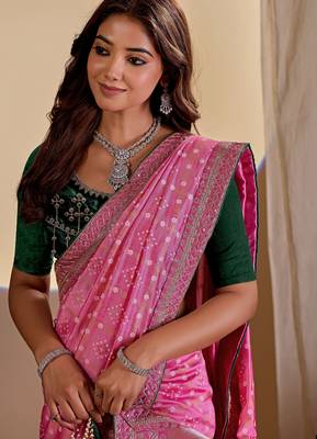 Pink color smart art silk saree with embroidered work and table printed bandhej traditonal saree 3