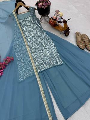 Blue fox georgette embroidered kurta palazzo set with dupatta 4
