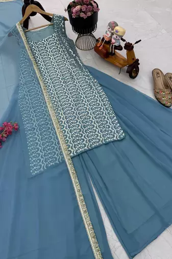 Blue fox georgette embroidered kurta palazzo set with dupatta
