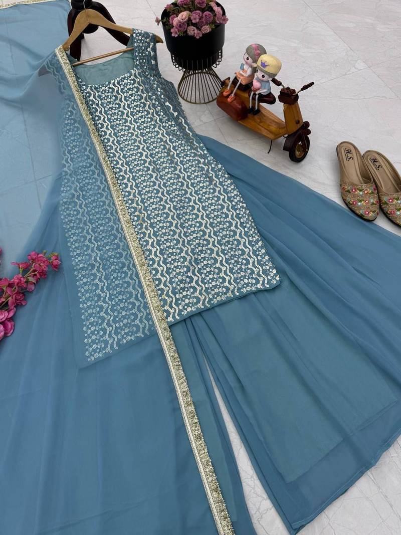 Blue fox georgette embroidered kurta palazzo set with dupatta