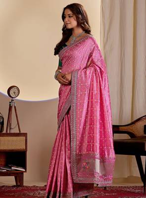 Pink color smart art silk saree with embroidered work and table printed bandhej traditonal saree 4