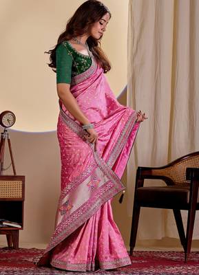 Pink color smart art silk saree with embroidered work and table printed bandhej traditonal saree 5