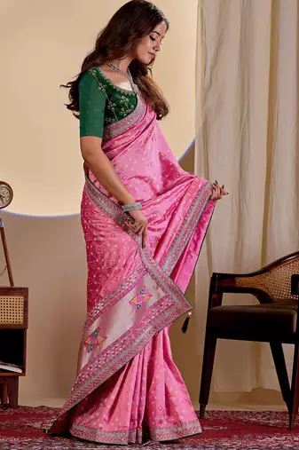 Pink color smart art silk saree with embroidered work and table printed bandhej traditonal saree