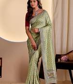 Pista color smart art silk saree with embroidered work and table printed bandhej traditonal saree