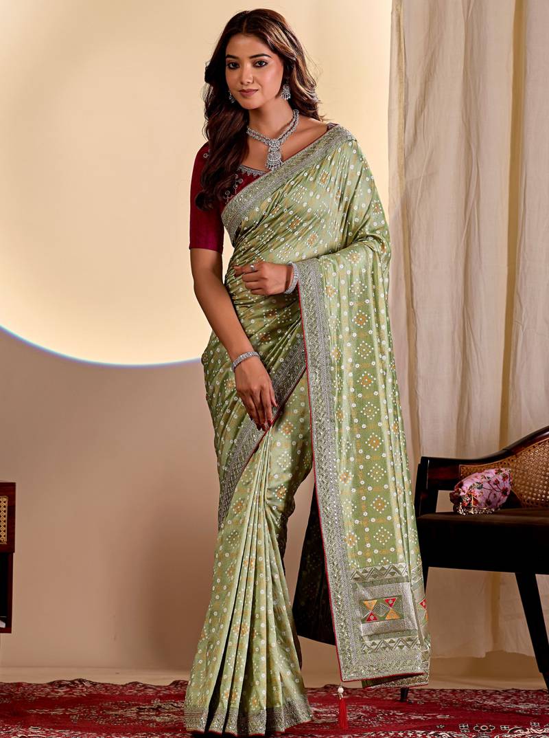 Pista color smart art silk saree with embroidered work and table printed bandhej traditonal saree