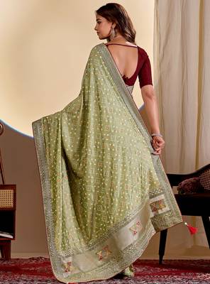 Pista color smart art silk saree with embroidered work and table printed bandhej traditonal saree 2