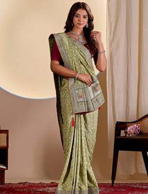 Pista color smart art silk saree with embroidered work and table printed bandhej traditonal saree 4