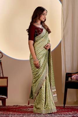 Pista color smart art silk saree with embroidered work and table printed bandhej traditonal saree 5