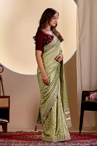Pista color smart art silk saree with embroidered work and table printed bandhej traditonal saree