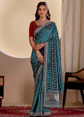 Teal blue color smart art silk saree with embroidered work and table printed bandhej traditonal saree 1