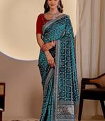 Teal blue color smart art silk saree with embroidered work and table printed bandhej traditonal saree