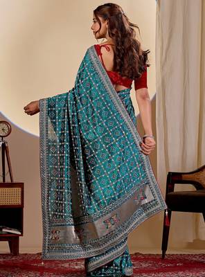 Teal blue color smart art silk saree with embroidered work and table printed bandhej traditonal saree 2