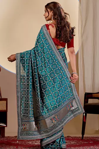 Teal blue color smart art silk saree with embroidered work and table printed bandhej traditonal saree
