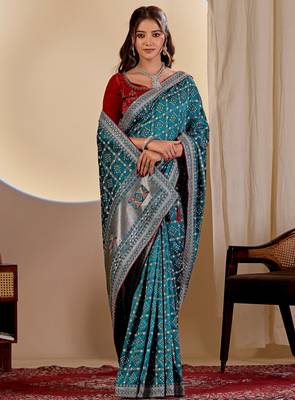 Teal blue color smart art silk saree with embroidered work and table printed bandhej traditonal saree 4