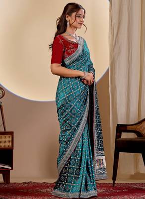 Teal blue color smart art silk saree with embroidered work and table printed bandhej traditonal saree 5