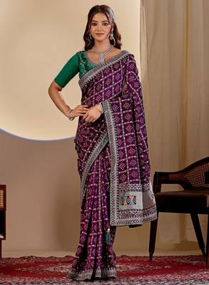 Wine color smart art silk saree with embroidered work and table printed bandhej traditonal saree 1