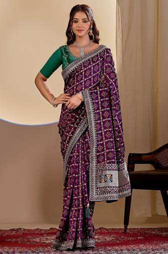 Wine color smart art silk saree with embroidered work and table printed bandhej traditonal saree