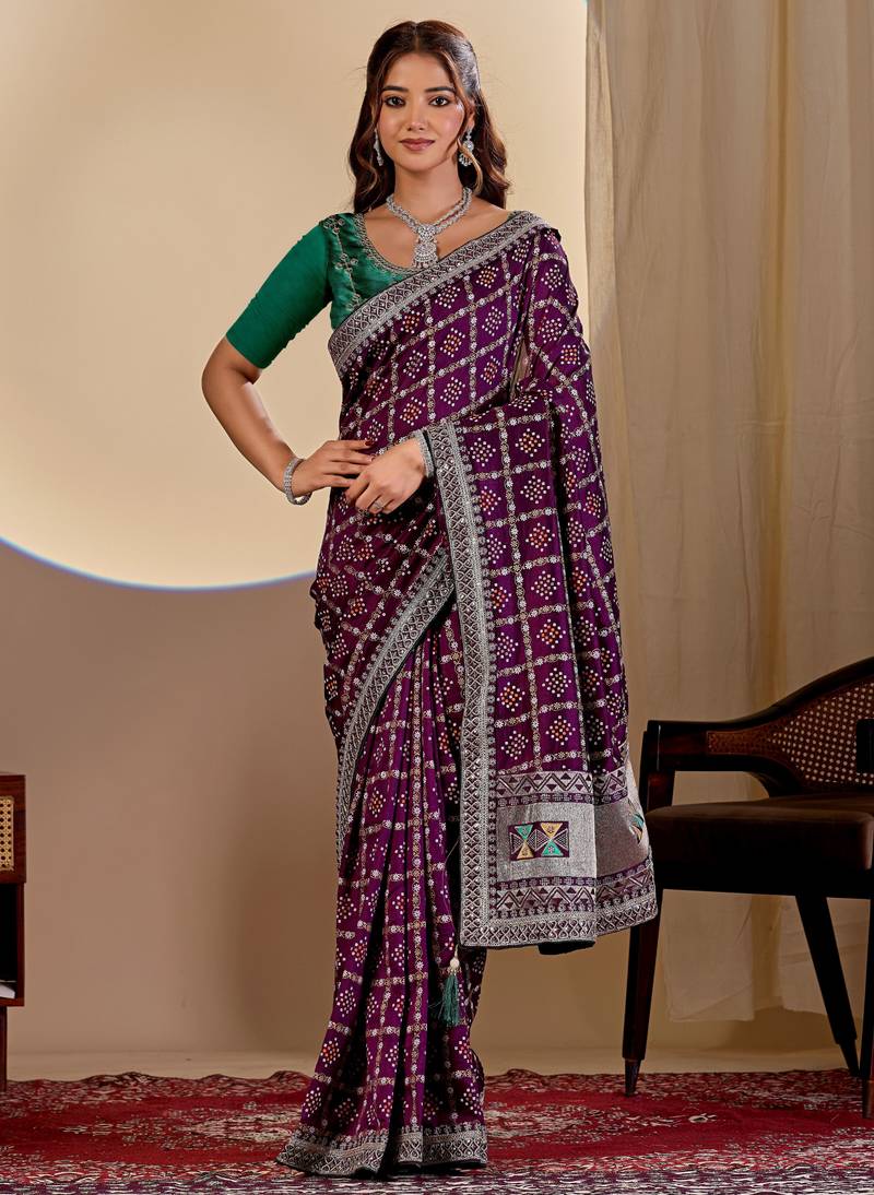Wine color smart art silk saree with embroidered work and table printed bandhej traditonal saree