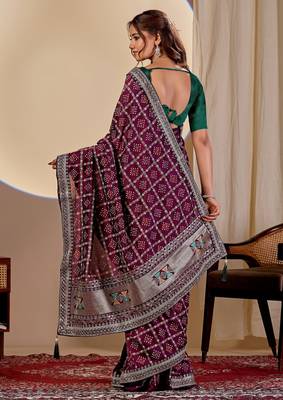 Wine color smart art silk saree with embroidered work and table printed bandhej traditonal saree 2