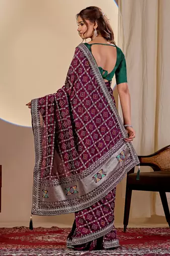 Wine color smart art silk saree with embroidered work and table printed bandhej traditonal saree