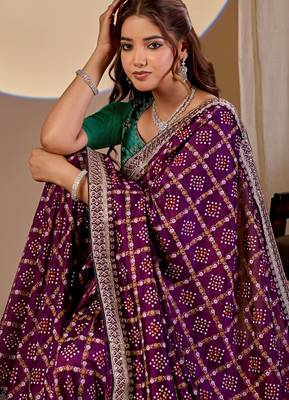 Wine color smart art silk saree with embroidered work and table printed bandhej traditonal saree 3