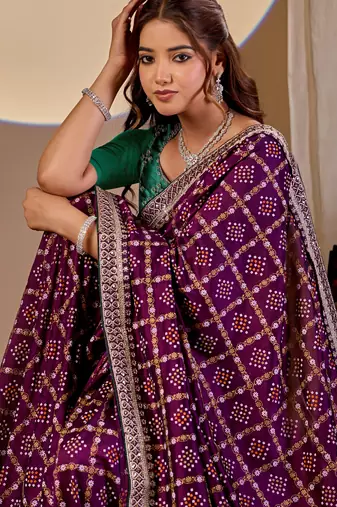 Wine color smart art silk saree with embroidered work and table printed bandhej traditonal saree