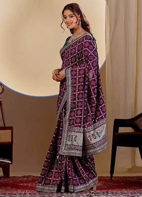 Wine color smart art silk saree with embroidered work and table printed bandhej traditonal saree 4