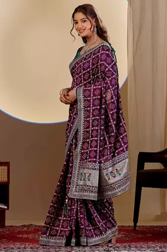 Wine color smart art silk saree with embroidered work and table printed bandhej traditonal saree