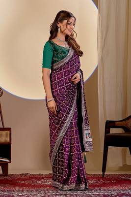 Wine color smart art silk saree with embroidered work and table printed bandhej traditonal saree 5