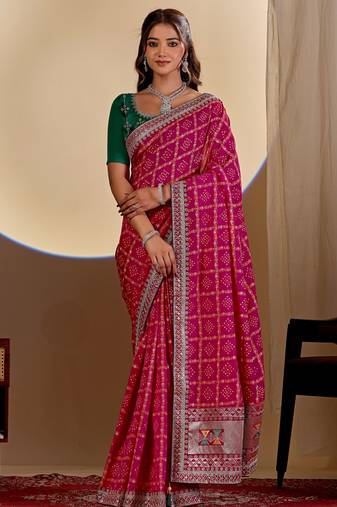 Pink color smart art silk saree with embroidered work and table printed bandhej traditonal saree