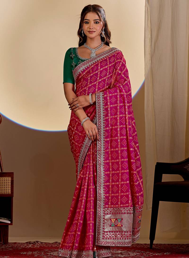 Pink color smart art silk saree with embroidered work and table printed bandhej traditonal saree