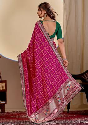 Pink color smart art silk saree with embroidered work and table printed bandhej traditonal saree 2