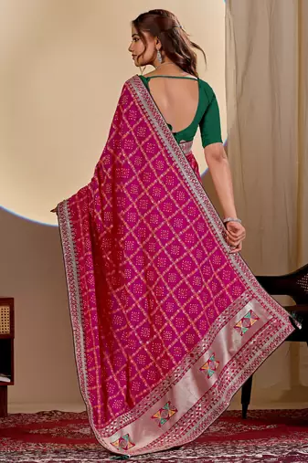Pink color smart art silk saree with embroidered work and table printed bandhej traditonal saree
