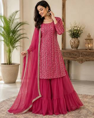 Rani pink fox georgette embroidered kurta palazzo set with dupatta 1