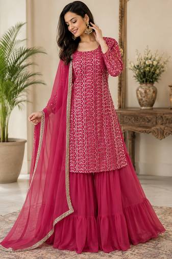 Rani pink fox georgette embroidered kurta palazzo set with dupatta