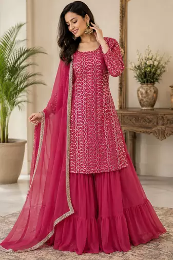 Rani pink fox georgette embroidered kurta palazzo set with dupatta
