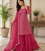 Rani pink fox georgette embroidered kurta palazzo set with dupatta