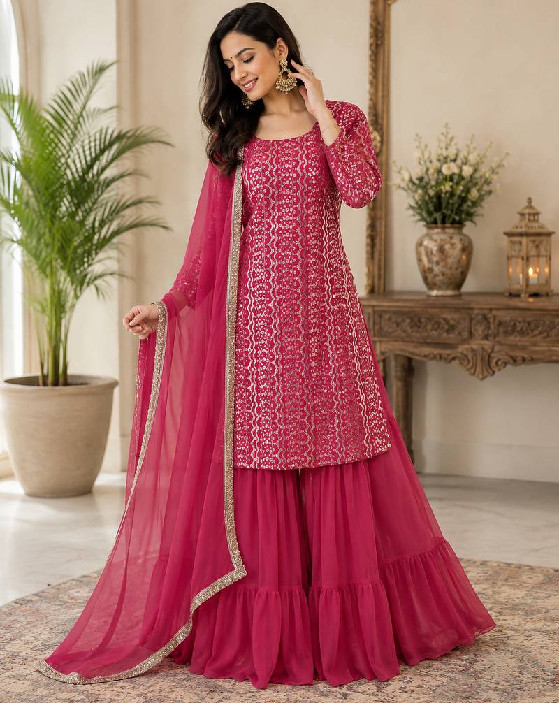 Rani pink fox georgette embroidered kurta palazzo set with dupatta