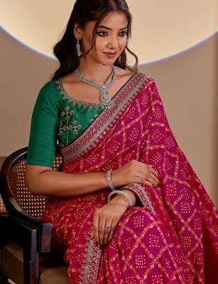Pink color smart art silk saree with embroidered work and table printed bandhej traditonal saree 3