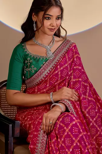 Pink color smart art silk saree with embroidered work and table printed bandhej traditonal saree