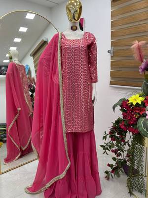 Rani pink fox georgette embroidered kurta palazzo set with dupatta 2