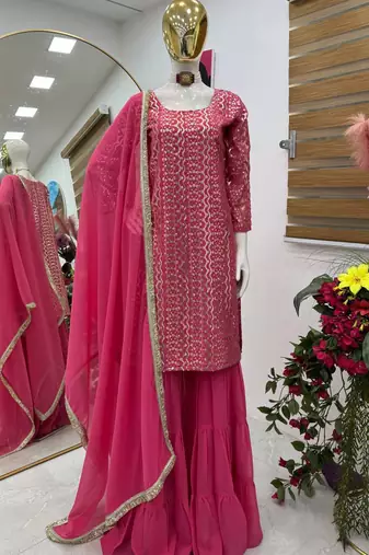 Rani pink fox georgette embroidered kurta palazzo set with dupatta