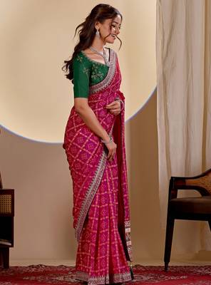 Pink color smart art silk saree with embroidered work and table printed bandhej traditonal saree 4
