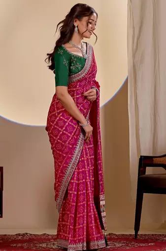 Pink color smart art silk saree with embroidered work and table printed bandhej traditonal saree