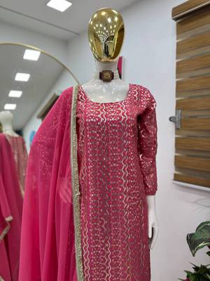 Rani pink fox georgette embroidered kurta palazzo set with dupatta 3