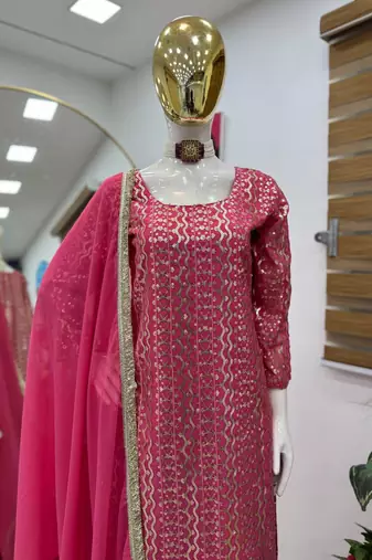 Rani pink fox georgette embroidered kurta palazzo set with dupatta
