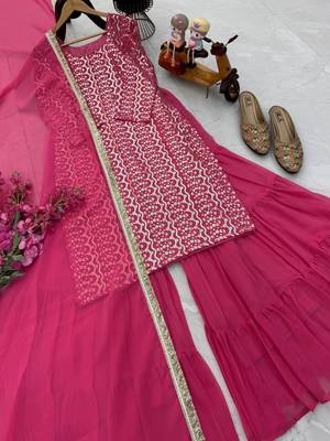Rani pink fox georgette embroidered kurta palazzo set with dupatta 4