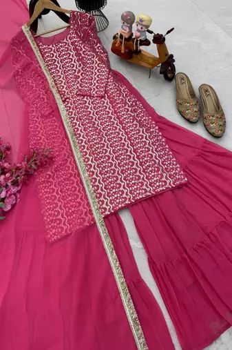 Rani pink fox georgette embroidered kurta palazzo set with dupatta
