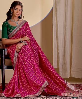 Pink color smart art silk saree with embroidered work and table printed bandhej traditonal saree 5